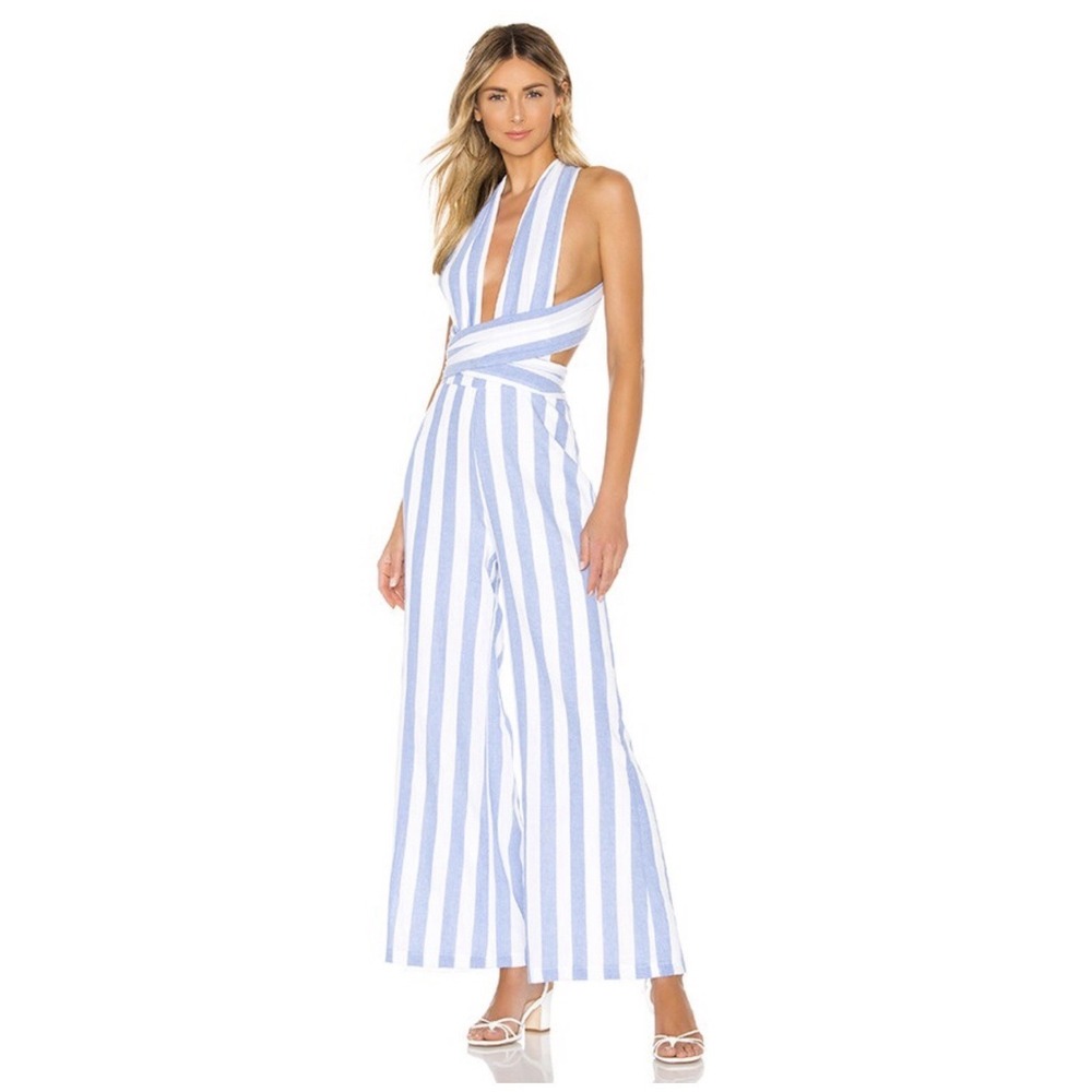 Superdown Jumpsuit Blue White Stripe Wrap Around Pant Legs Size‎ XS Beach Resort